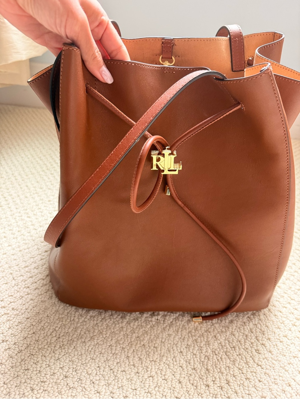 Ralph Lauren Cognac Leather Drawstring Tote with RL Charm
